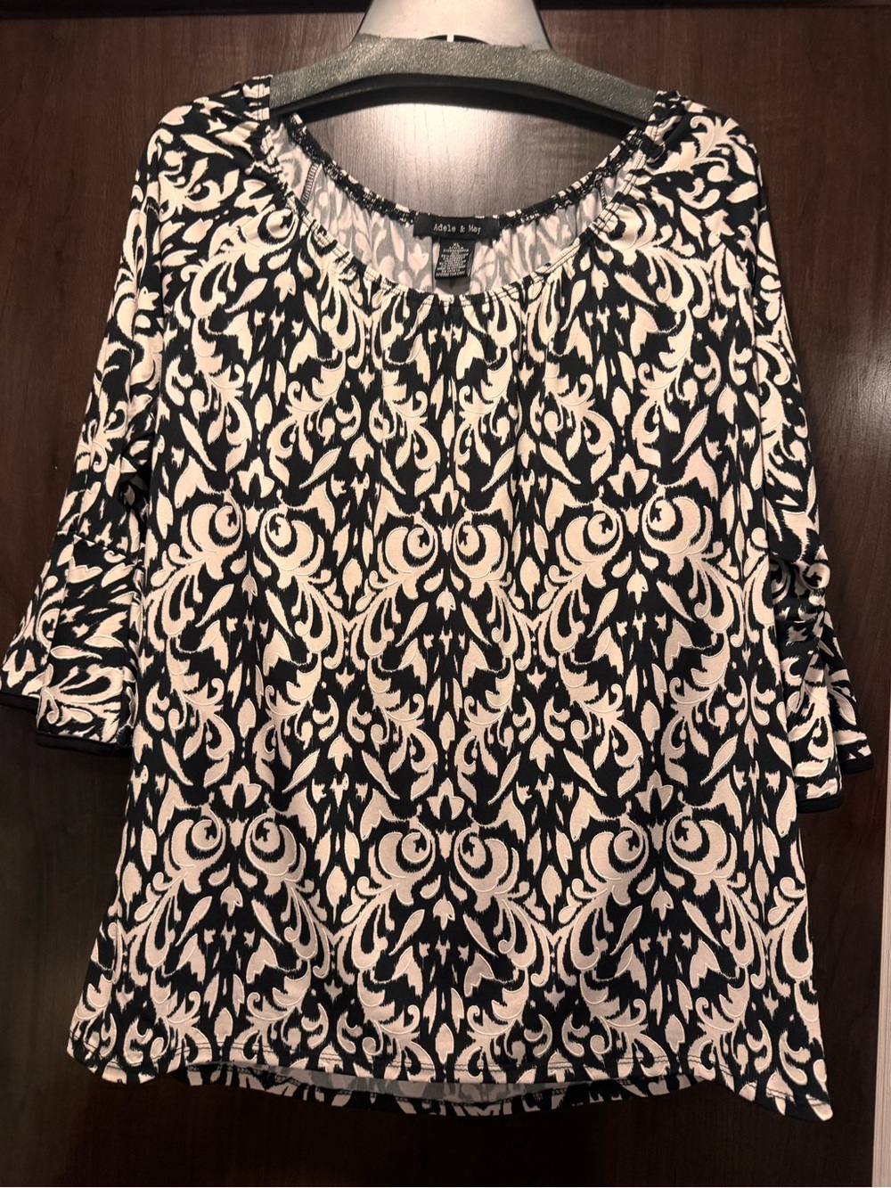 Women’s Black and Cream Patterned Off-Shoulder Top; Adele & May; stretchy